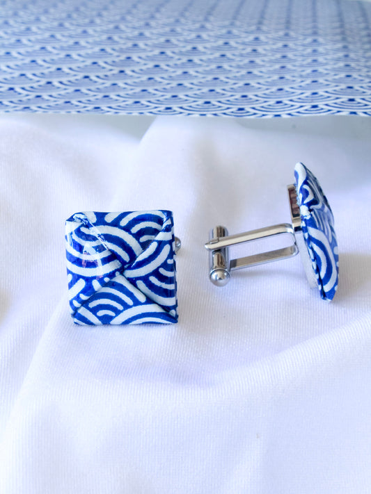 Blue wave origami cufflinks – stainless steel, ocean-inspired wedding or anniversary gift for him. Father's Day or birthday gifts.