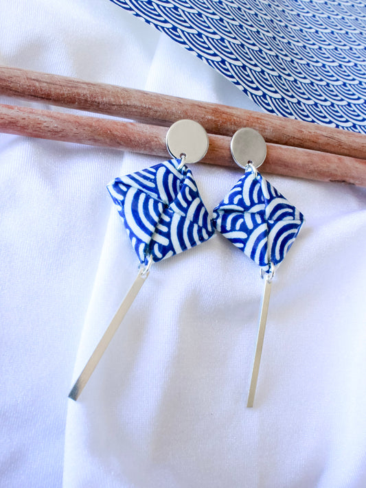 Handmade blue wave origami dangle earrings – hypoallergenic silver-plated stainless steel, ocean-inspired jewellery for her.