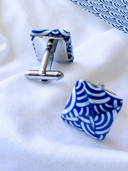 Blue wave origami cufflinks – stainless steel, ocean-inspired wedding or anniversary gift for him. Father's Day or birthday gifts.