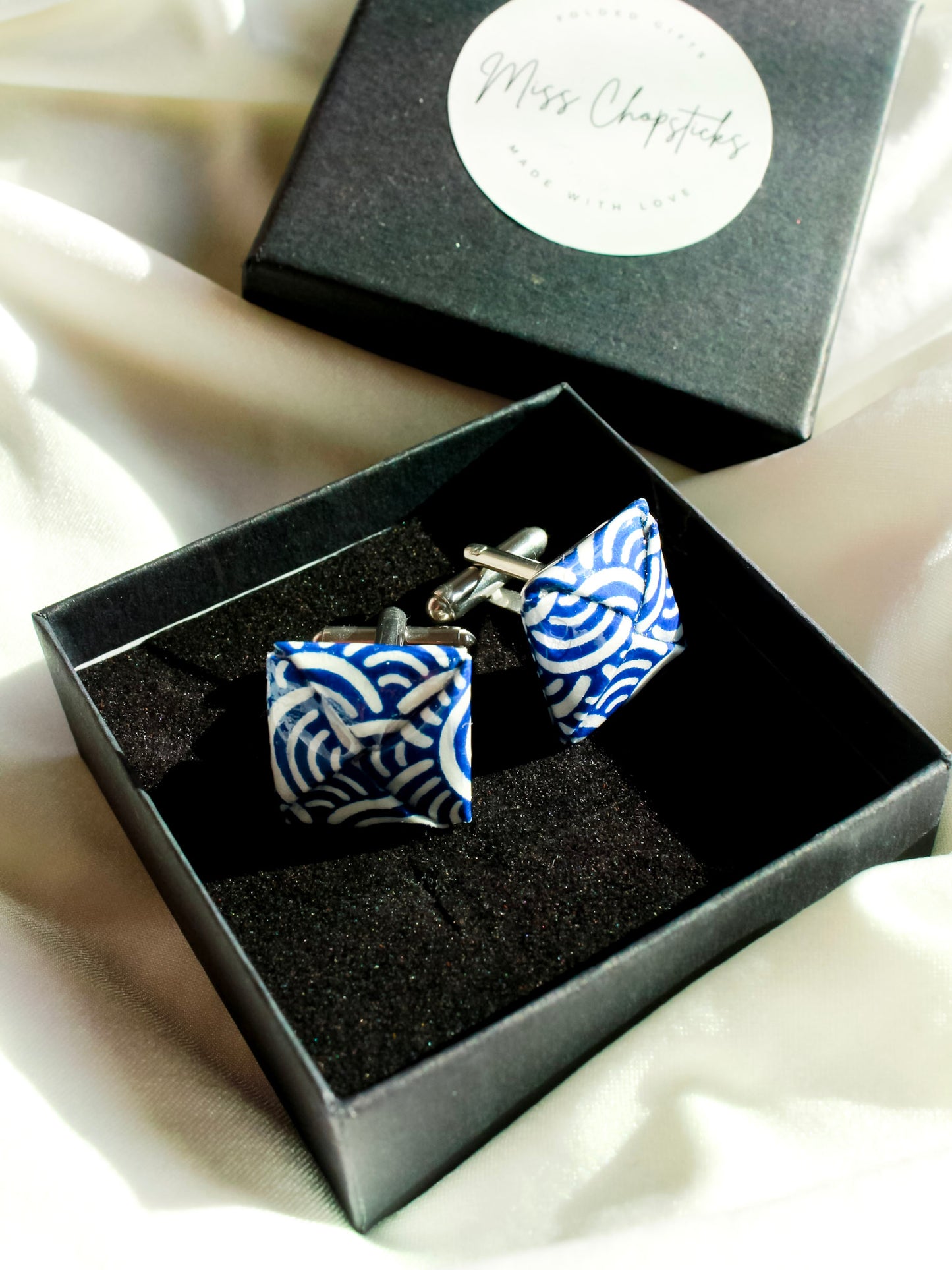Blue wave origami cufflinks – stainless steel, ocean-inspired wedding or anniversary gift for him. Father's Day or birthday gifts.