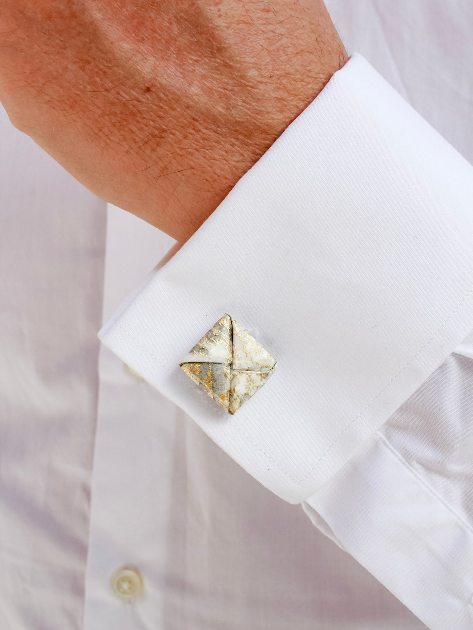 Handmade Silver grey floral origami cufflinks – stainless steel, elegant wedding gift for him.