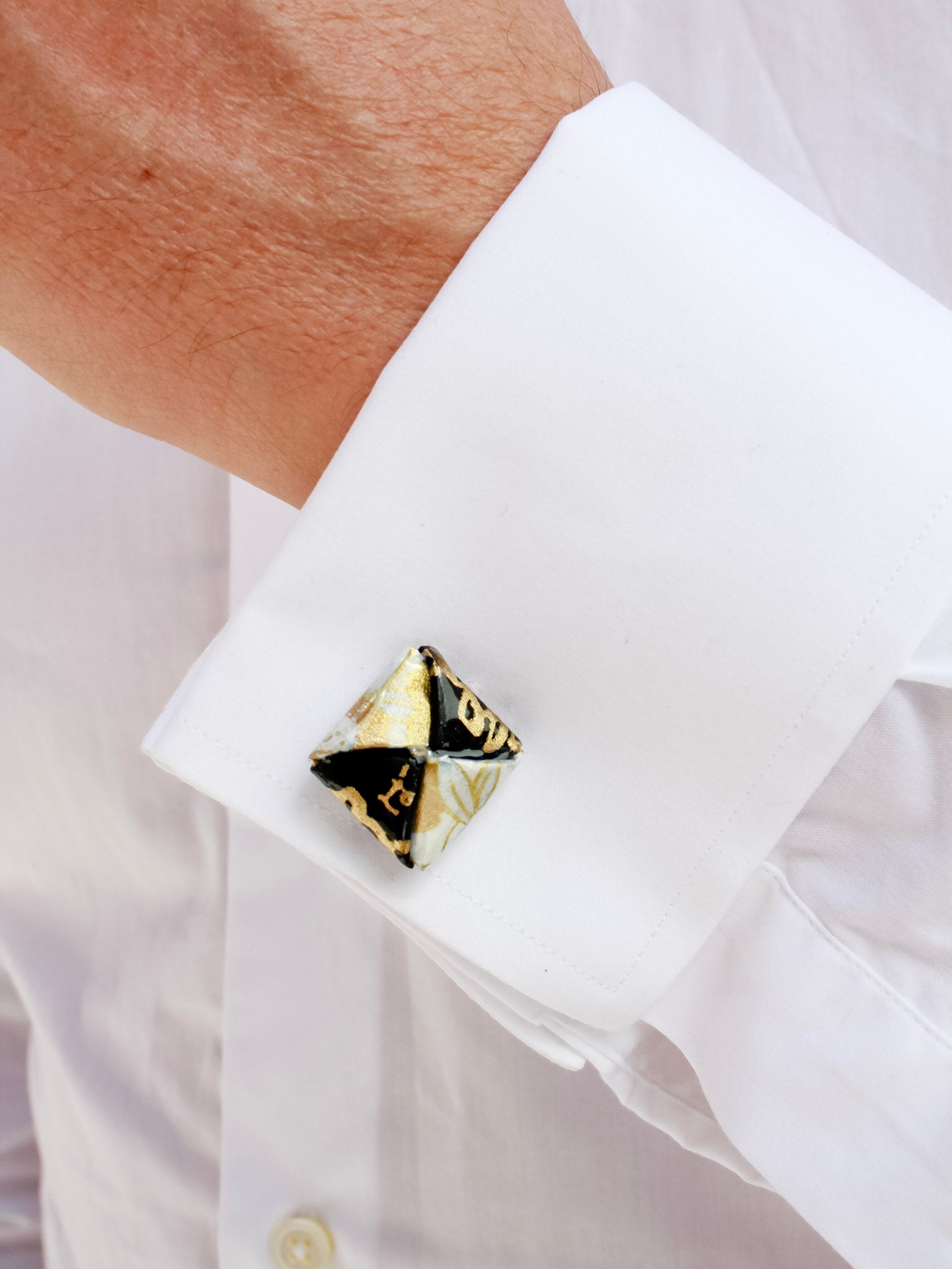 Black & gold floral origami cufflinks – stainless steel, timeless love gift for him.