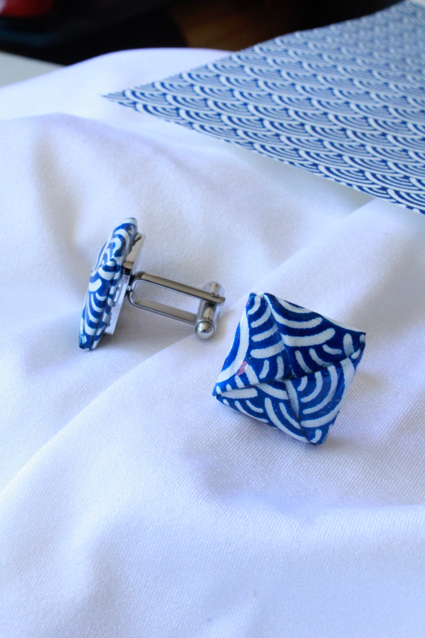 Blue wave origami cufflinks – stainless steel, ocean-inspired wedding or anniversary gift for him. Father's Day or birthday gifts.