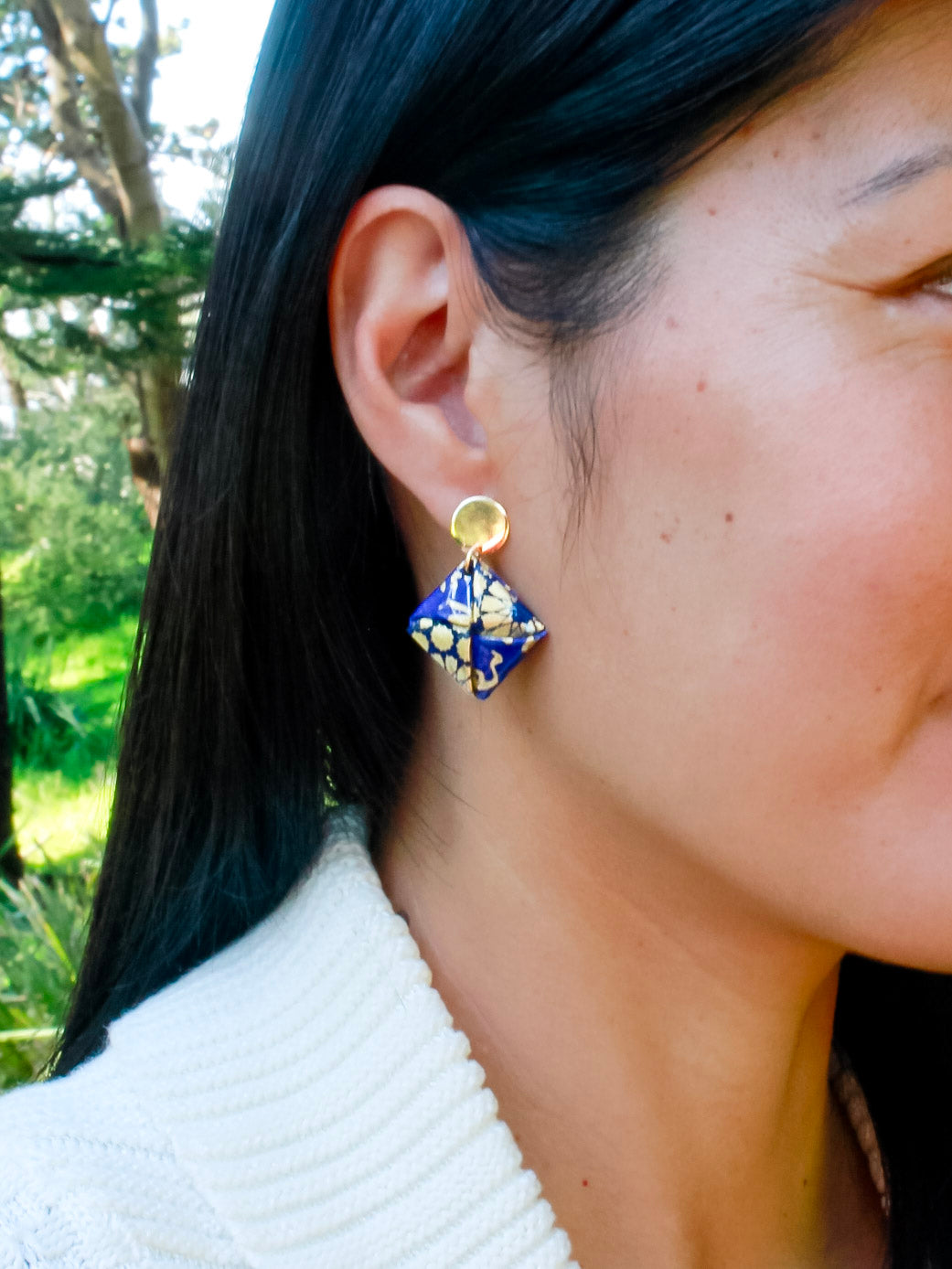 Navy gold; origami square stud earrings – hypoallergenic gold-plated stainless steel, meaningful gift for her.