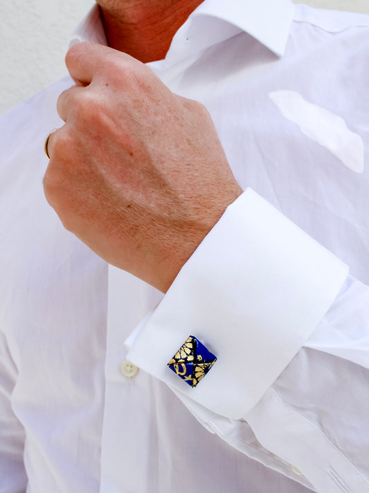 Navy gold origami square cufflinks – stainless steel, meaningful wedding gift for him. Father's day gift and special occasions. 