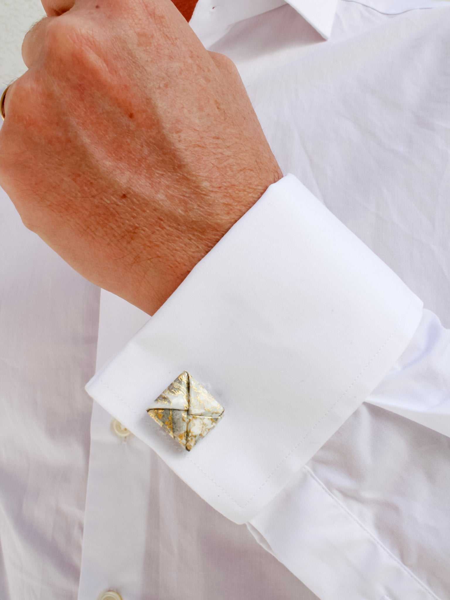 Handmade Silver grey floral origami cufflinks – stainless steel, elegant wedding gift for him.