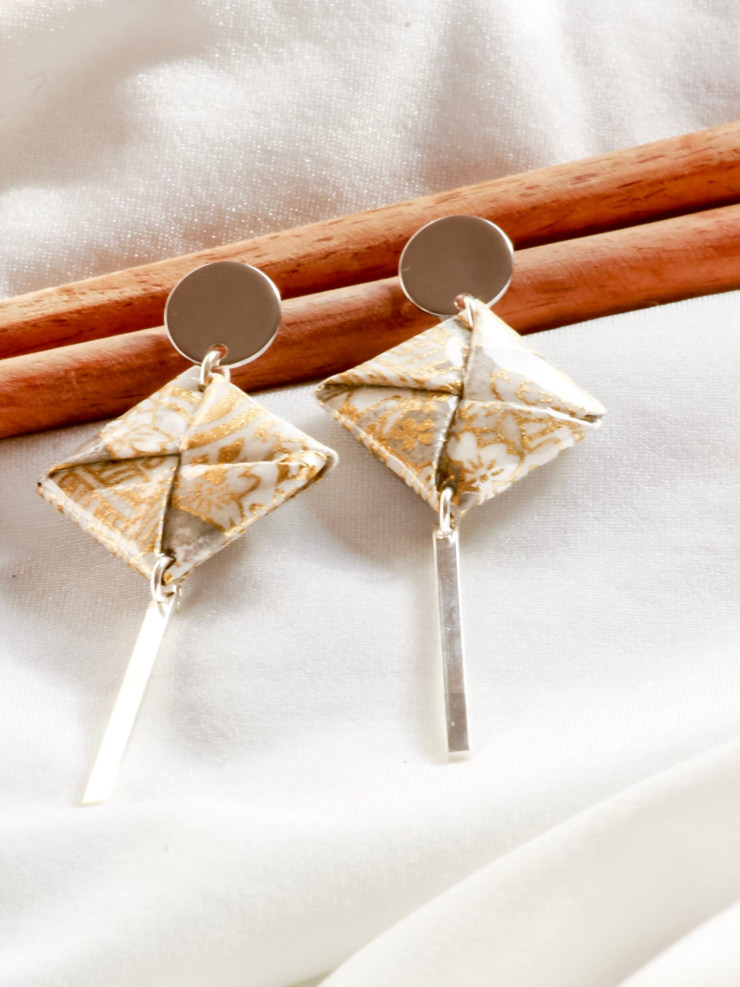 Handmade Silver grey floral origami dangle earrings 