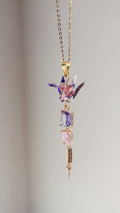 Origami Purple Crane Necklace Graceful Crystal Drops Necklace