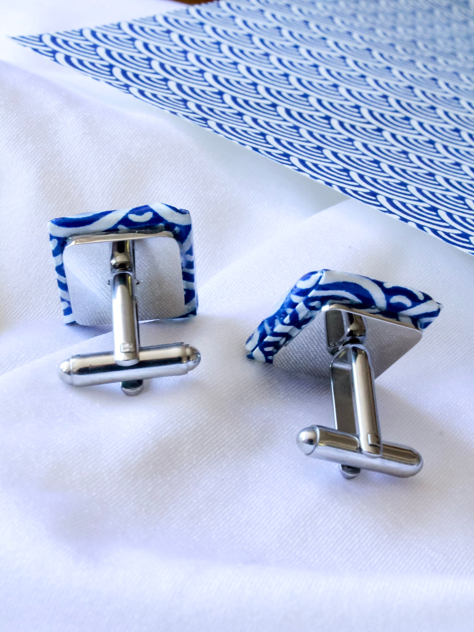 Blue wave origami cufflinks – stainless steel, ocean-inspired wedding or anniversary gift for him. Father's Day or birthday gifts.