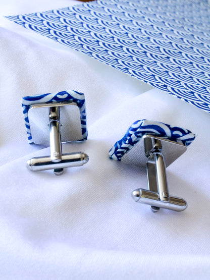 Blue wave origami cufflinks – stainless steel, ocean-inspired wedding or anniversary gift for him. Father's Day or birthday gifts.